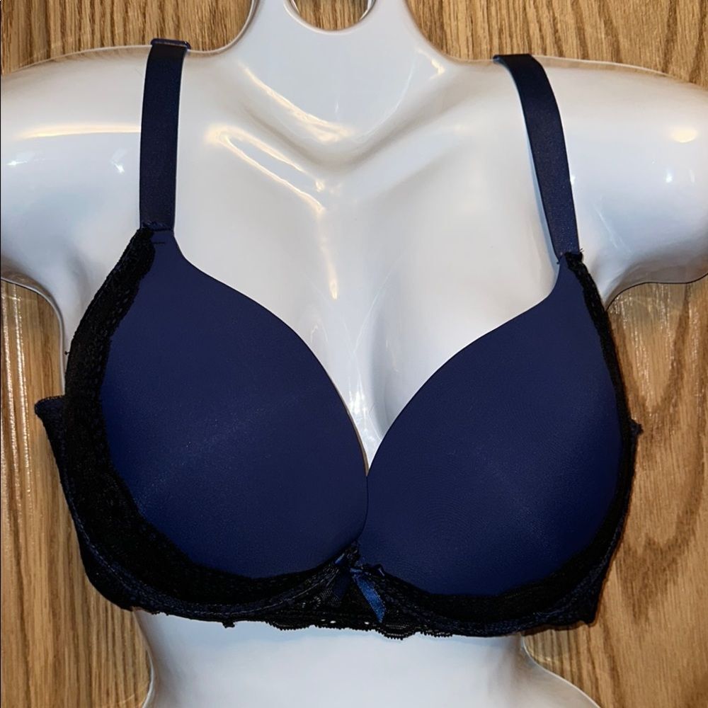 Elegant Blue and Black Lace Bra with Adjustable Straps